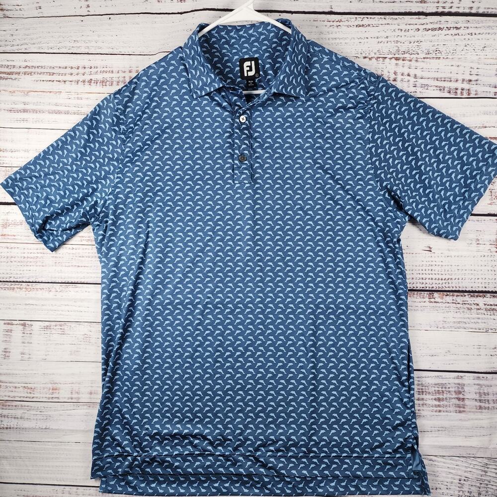FootJoy Golf Polo Shirt Mens Large Blue Stretch Lisle Dolphins Print ProDry